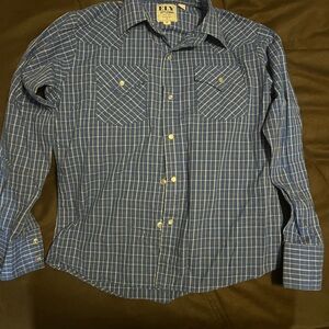 Boys size large ELY Cattleman pearl snap,  Blue Plaid Western Shirt